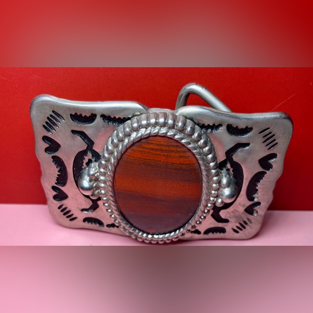 Vintage Southwest‎ Style Belt Buckle Silver Tone w/ Large Red Jasper Stone